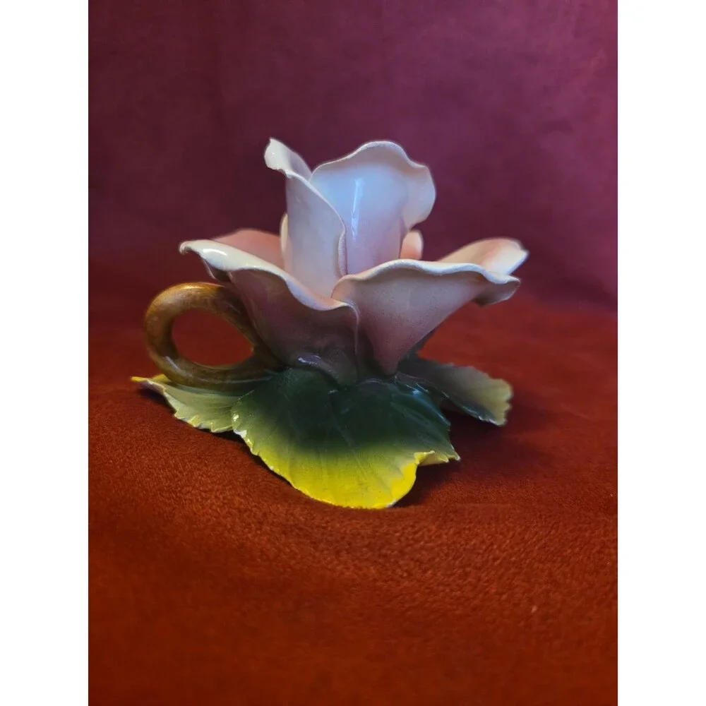 Vintage Capodimonte Pink Rose Floral Italian Porcelain Candle Holder Signed